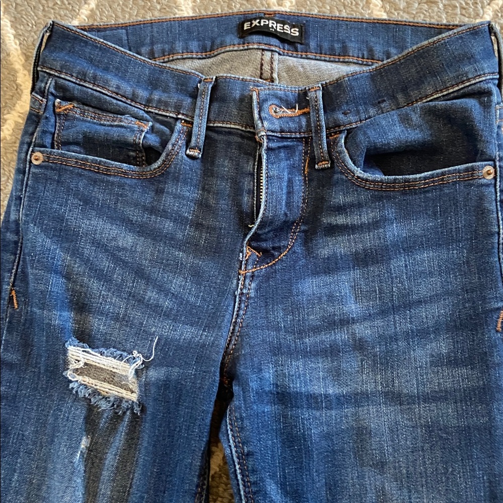 Express Dark Blue Distressed Skinny Jeans - Picture 2 of 4